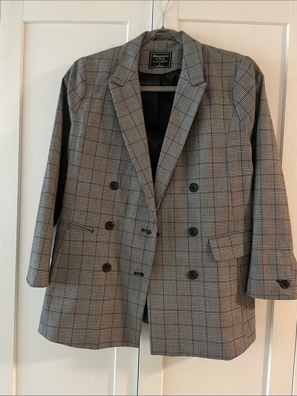 Abercrombie & Fitch Gray Plaid Double-Breasted Blazer